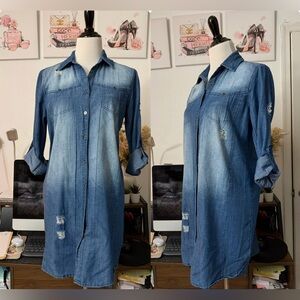 🍒Pre-Loved ODDY Faded Blue Distressed Denim Mini Shirt Dress Can Fit M up to L